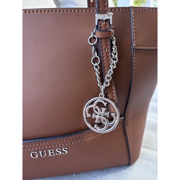 Guess Delaney Brown Cognac Tote Handbag Purse Tote - Picture 3 of 12